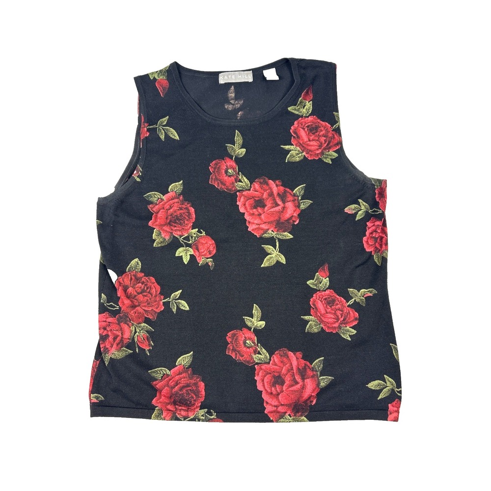 Kate Hill Womens Tank Large Dark Floral Cottagecore Whimsy Goth Black Silk Blend